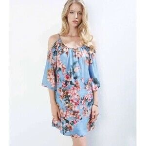 Women's KAREN KANE Blue Floral Fresco Cold Shoulder Viscose Dress Medium
